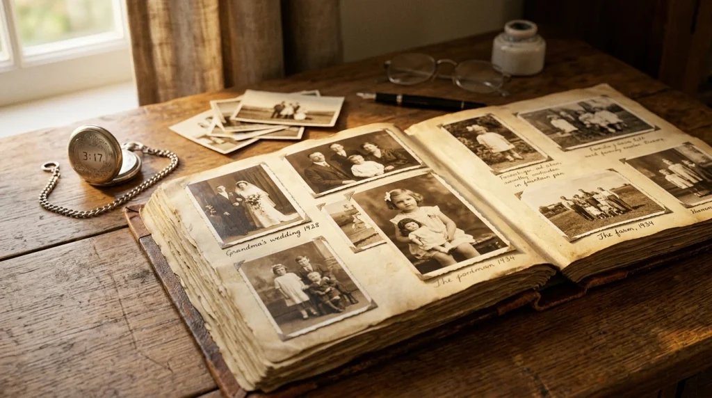 Staré album fotografií a kapesní hodinky