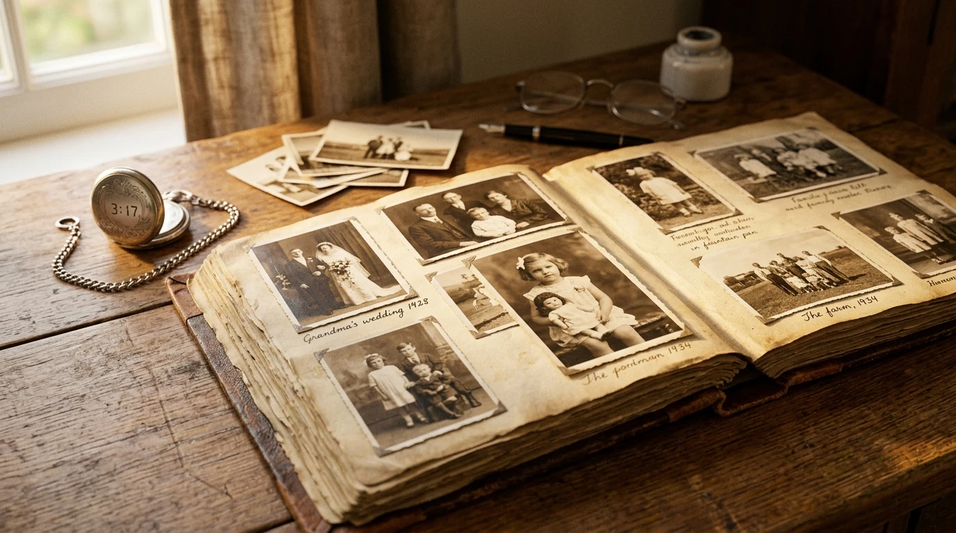 Staré album fotografií a kapesní hodinky